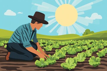 Farmer Planting Rice Seedlings in Rural Paddy Field – Minimalist Flat Illustration