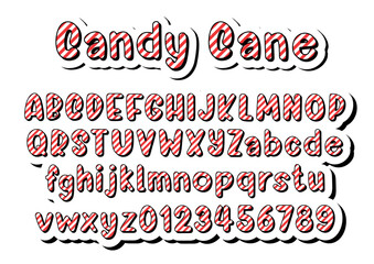 Cute Alphabet and Number with Red and White Line Pattern inside. Lovely letter design for decoration Christmas Theme. Message 'Candy Cane' on top. Vector Illustration about lettering.