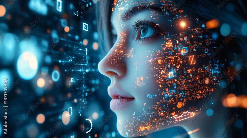 Poster side profile of a woman with digital overlay showing data and circuit board elements in blue and ora