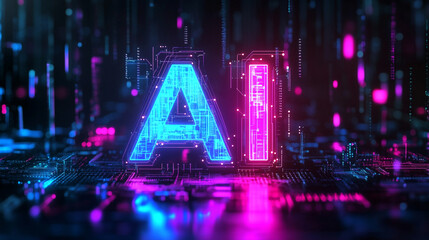Illuminated ai letters in blue and pink on a dark background with circuit board patterns