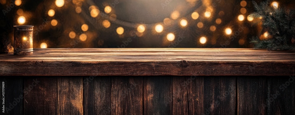 Poster rustic wooden table with golden bokeh lights against a dark stone wall for christmas decoration and 