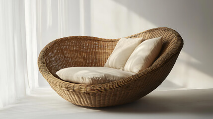 A wicker chair with two pillows on it