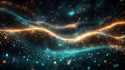 Obraz premium Abstract Glowing Particle Wave Background with Dark Backdrop, Showcasing a Futuristic and Dynamic Visual.