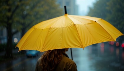 Person with a yellow umbrella standing in the rain on a city street during a gloomy day