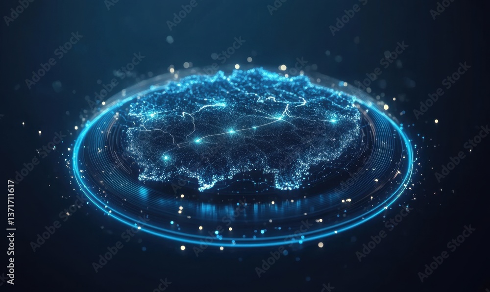 Poster 3d glowing digital map with network connections on dark background