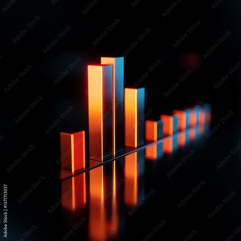 Poster abstract bar chart: orange and blue columns with reflective surface on dark backdrop