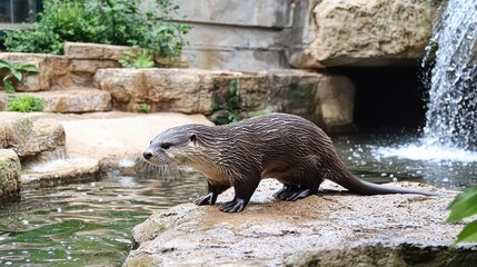 Obraz premium Otter exploring rocky shoreline near waterfall natural habitat wildlife photography close-up perspective aquatic life