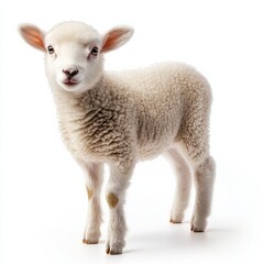 Fototapeta premium Adorable Lamb Portrait: A Cute, Fluffy Lamb Stands Against a Clean, White Background, Capturing its Innocence.