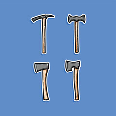 Illustration showcasing distinct designs of cartoon-style axe and pick tools on a vibrant blue background. Perfect for graphic design projects, tool icons, or educational visuals.