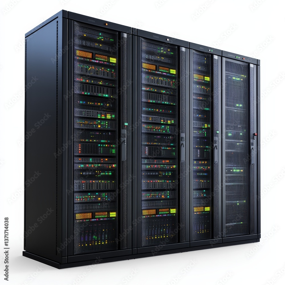 Poster data center servers: a close-up view of rack-mounted it infrastructure and network equipment