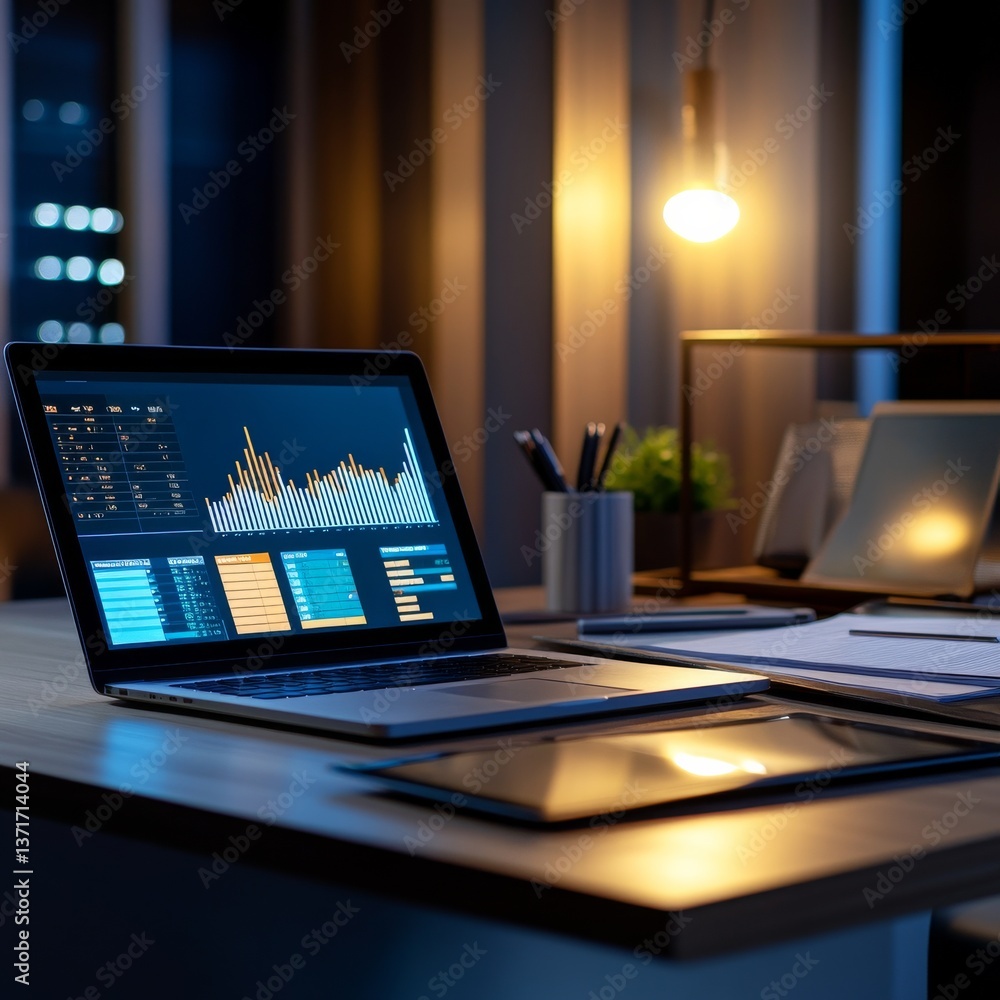 Aufkleber data analysis at night: laptop displaying financial charts on a desk with warm lighting for late-nig
