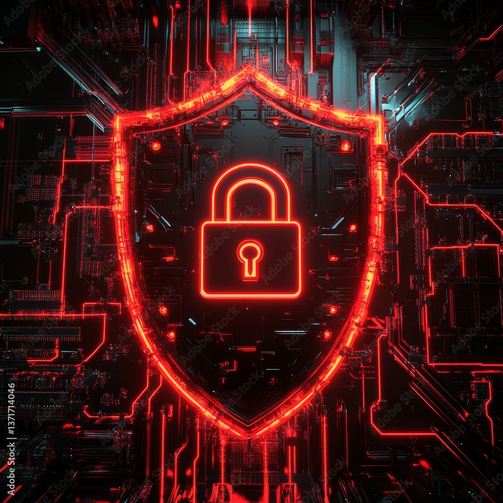 Aufkleber Cybersecurity Shield: Glowing Red Padlock Symbol on Dark, Intricate Circuit Board Illustrating Digital Data Protection.