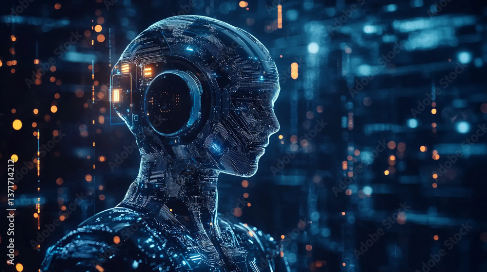 Poster a digital humanoid figure with intricate circuit patterns against a blurred background of lights