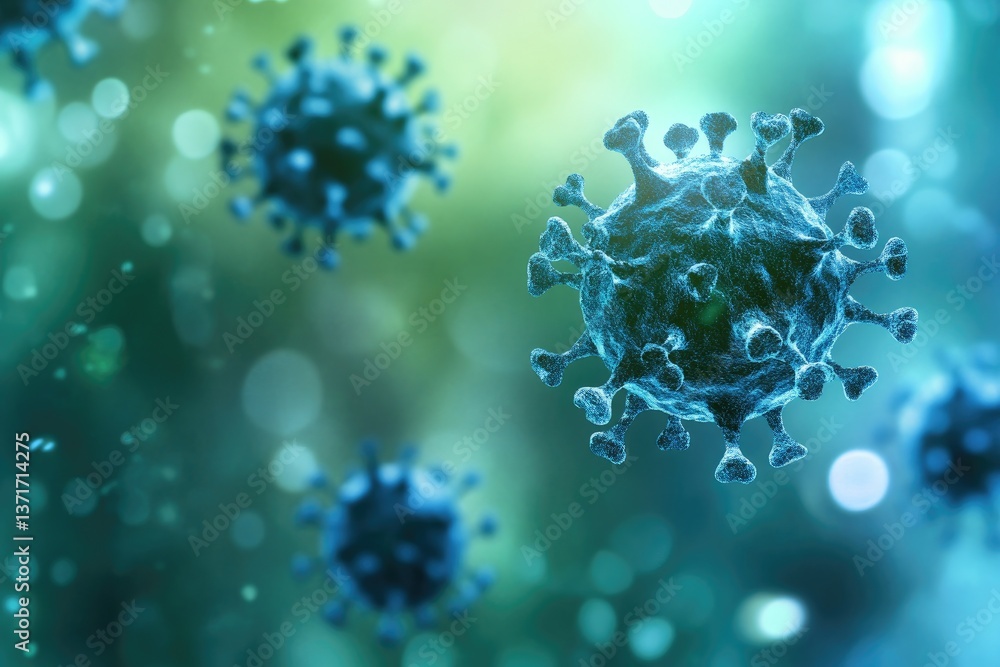 Aufkleber abstract virus model with blue mesh structures in soft teal-green bokeh background