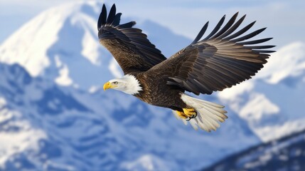 Obraz premium Soaring Eagle Over Snowy Mountains: An American bald eagle gracefully soars across a bright blue sky, with its impressive wingspan on display, in front of majestic snow-covered mountains.