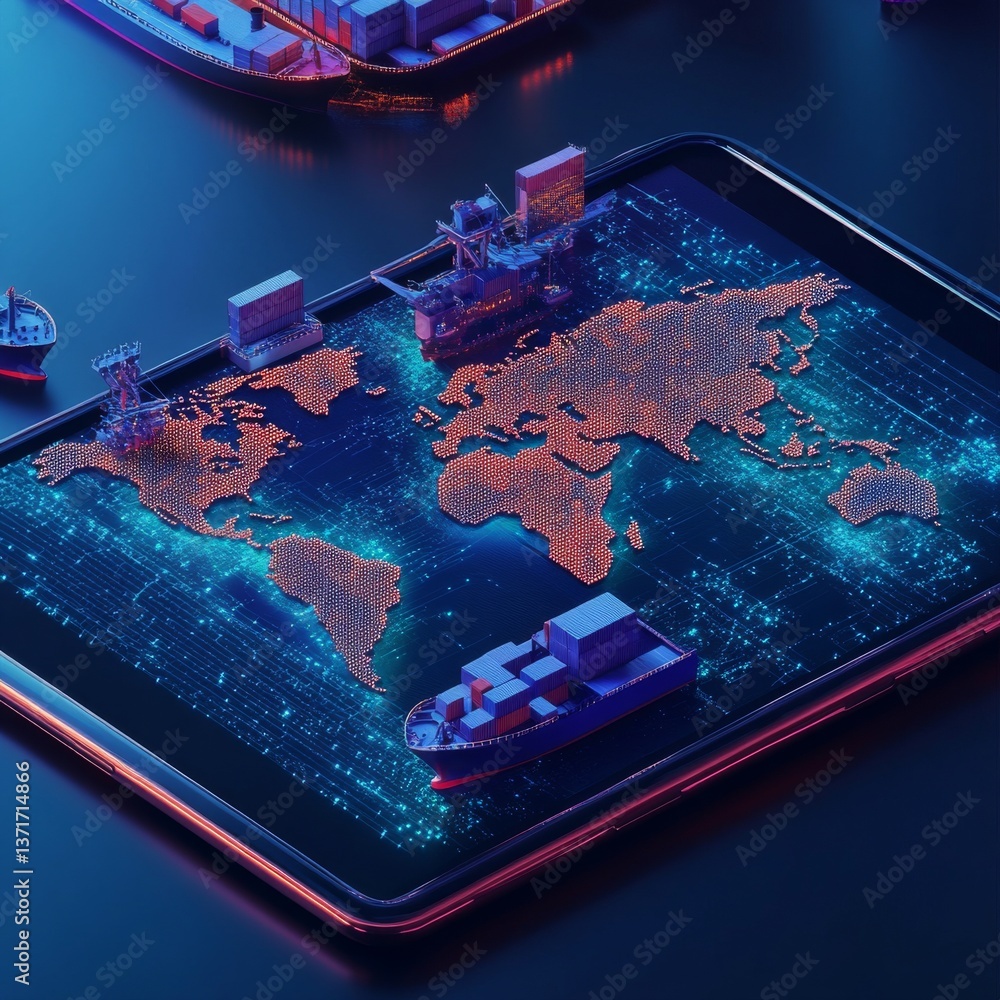 Poster Global Logistics Network: Digital World Map of Shipping Routes and Container Ships