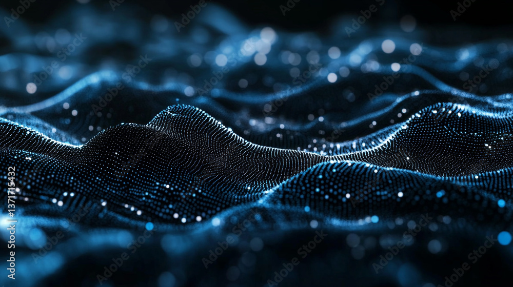 Poster abstract digital landscape with blue glowing particles forming undulating waves and bokeh lights