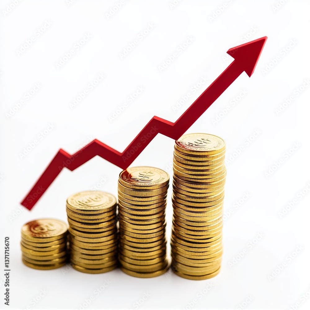 Poster rising financial growth: stacks of golden coins with a red arrow symbolizing positive returns and in