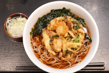 Authentic Japanese Hot Sansai (Wild Vegetable) Soba, Japanese food - 日本料理 天ぷら かき揚げ 蕎麦
