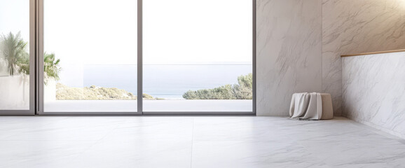 Fototapeta premium Modern minimalistic interior with large windows revealing coastal views at sunrise