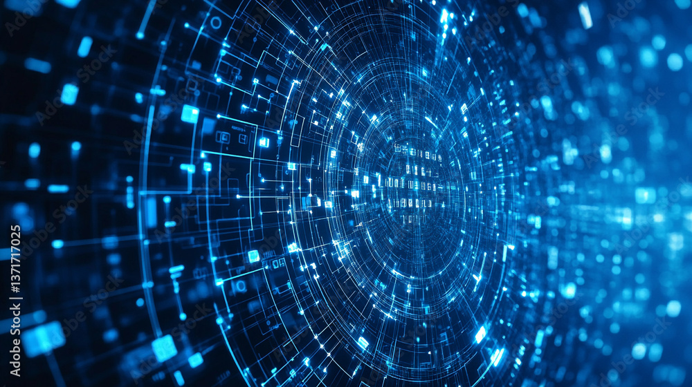 Poster abstract blue circular network with glowing lines and squares in a technological design