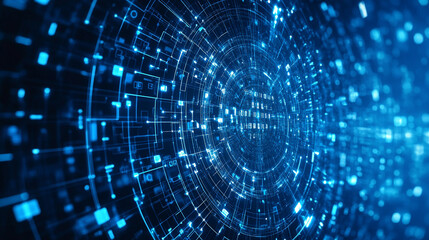Abstract blue circular network with glowing lines and squares in a technological design