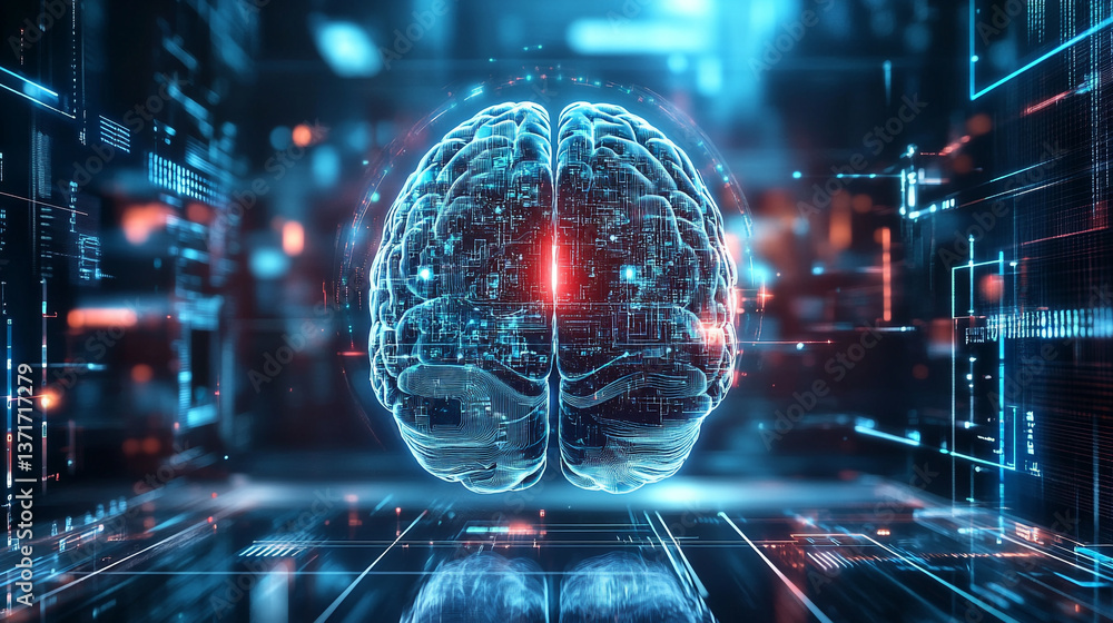 Poster digital brain with glowing connections and futuristic interface in a dark blue environment