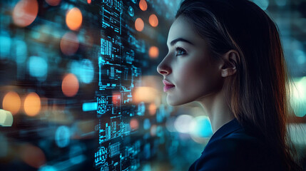 Woman looking at futuristic interface with blue glowing data and blurred lights in the background