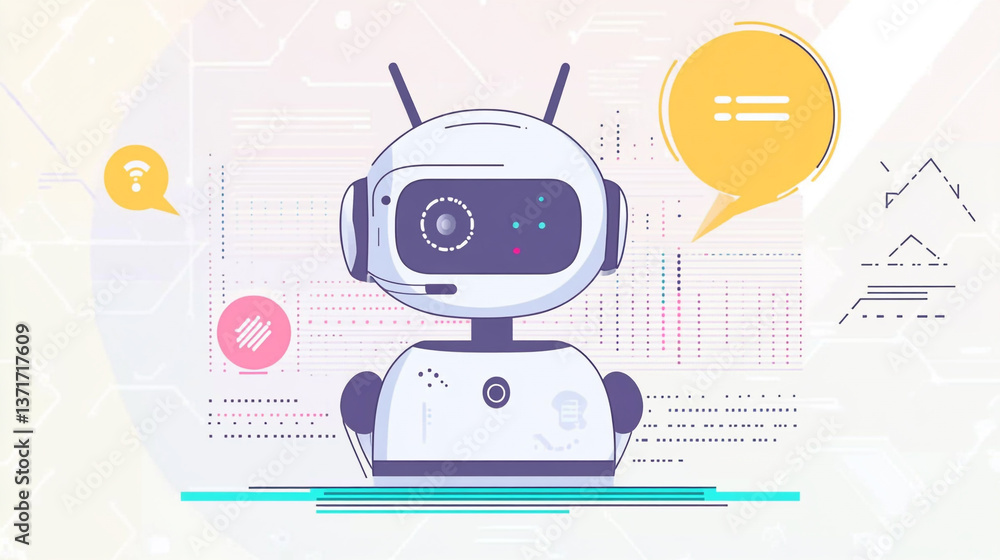 Poster a cartoon robot with a speech bubble on a white background with abstract design elements around it