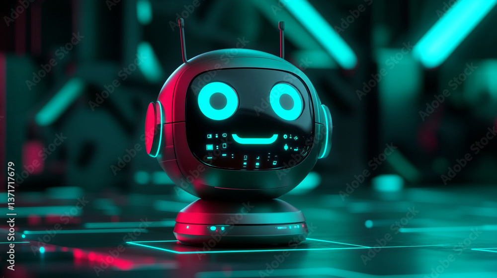 Poster close up of a futuristic robot with glowing eyes and a smile on a reflective surface in a dark room