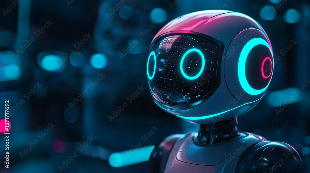 Poster close up of a futuristic robot with glowing neon lights in a dark and blurry background setting