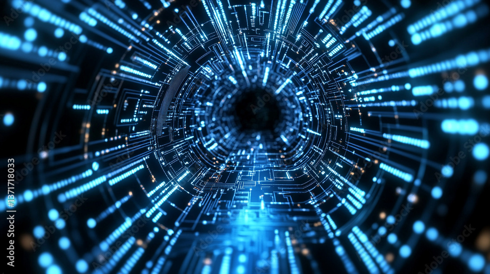 Aufkleber digital tunnel with blue glowing lines and circuit board patterns leading to a dark center