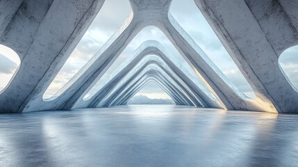 Concrete structure with triangular arches leading to the outside view