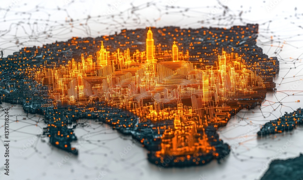 Poster glowing city on 3d map with network connections
