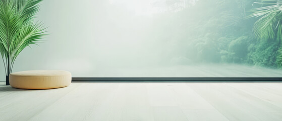 Minimalist indoor space with a round cushion and a large window overlooking greenery