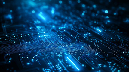 Detailed view of a blue circuit board with glowing lights and intricate wiring patterns visible throughout it