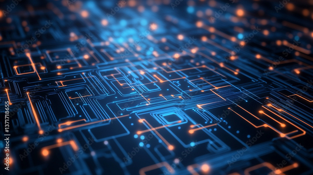 Poster a close up view of a blue and orange circuit board with glowing dots and lines pattern design