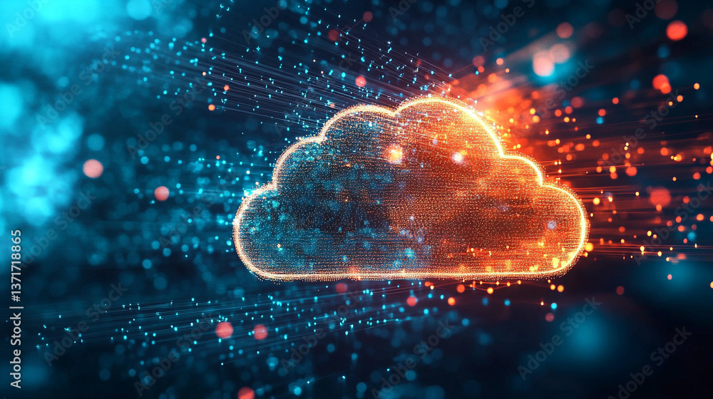 Poster glowing cloud with orange and blue particles on a dark background representing data and technology