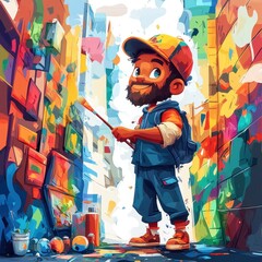 Joyful young man with a beard in a backpack paints a vibrant mural in a narrow alley surrounded by art supplies and existing graffiti artworks