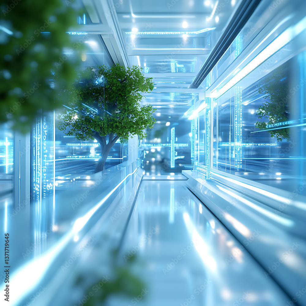 Poster futuristic architectural walkway with digital elements urban environment 3d visualization high-tech 