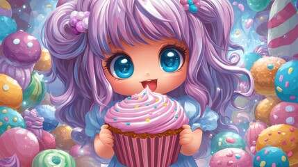 Fototapeta premium Cute anime girl with large blue eyes and lavender hair licking lips while joyfully holding a pink cupcake surrounded by colorful candy and sweets