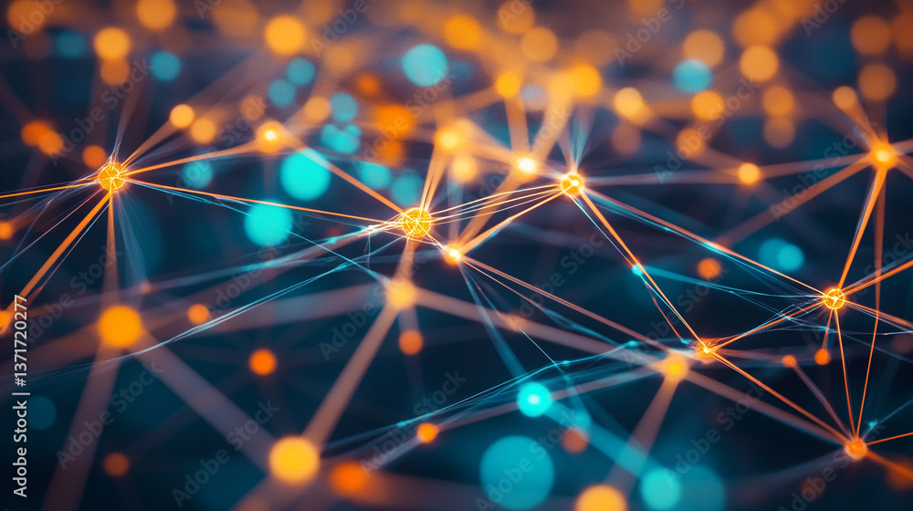 Poster abstract network with glowing orange nodes and blue connections on a dark background close up view