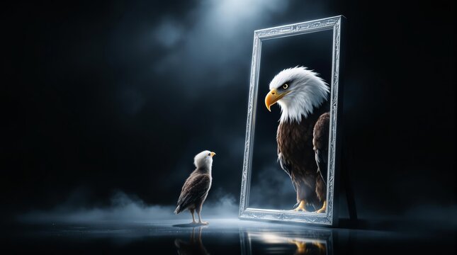 Small eagle looking in a mirror and seeing a large bald eagle reflection