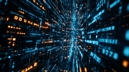 Fototapeta premium Abstract digital space with blue and orange glowing data streams and binary code elements flowing