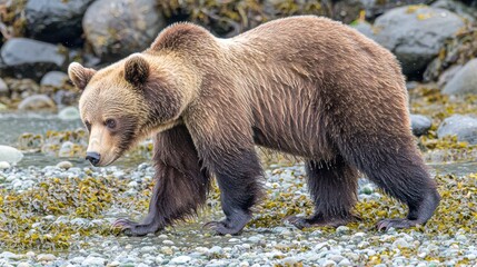 Obraz premium Grizzly bear walking along rocky shoreline coastal habitat wildlife photography natural environment close-up view animal behavior