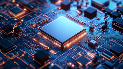 Close up shot of a computer chip with blue and orange lights and intricate circuit patterns visible