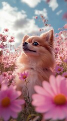 Obraz premium Fluffy Light Brown Pomeranian-Chihuahua Mix Dog Relaxing in a Vibrant Field of Pink Cosmos Flowers Under a Beautiful Partly Sunny Sky