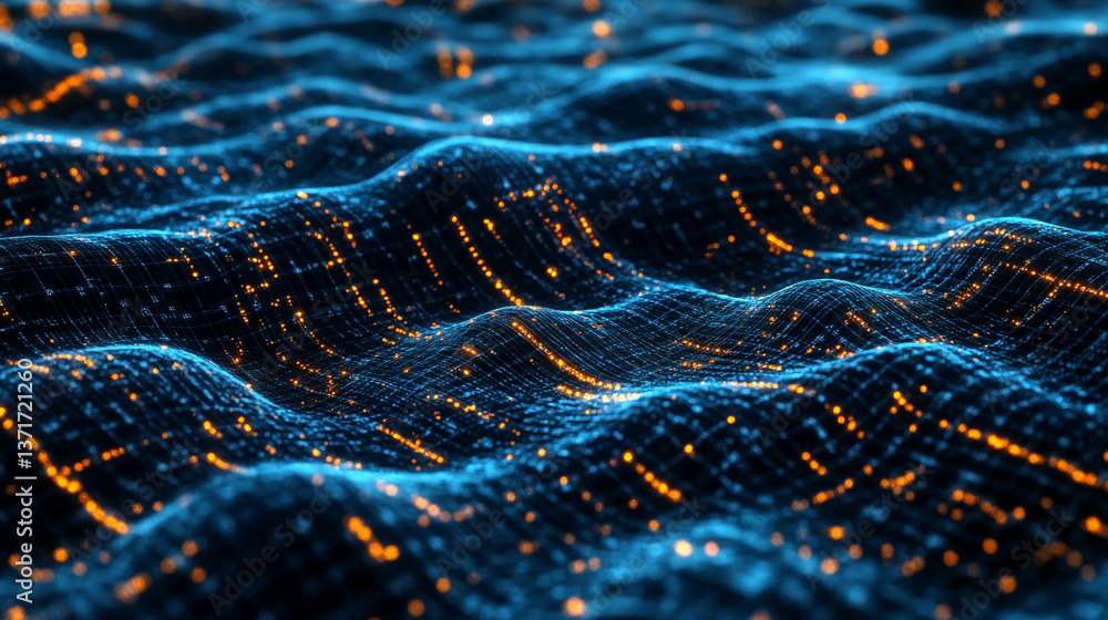 Poster abstract blue wavy surface with orange glowing dots creating a futuristic grid pattern