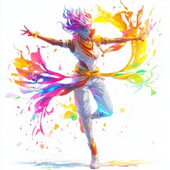 Obraz premium Vibrant Dance of Colorful Energy with Flowing Multicolored Hair and Clothing in an Explosion of Rainbow-Hued Paint and Dynamic Motion Illustration