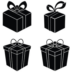 gift box icon set on a simple black silhouette color and white background, Set of Gift Boxes Silhouette, Birthday, Christmas, Anniversary